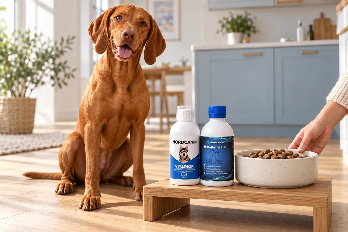 Magyar vizsla etetésénél a Nordcanin Vitarior és a Nordcanin Multivitamin PRO+