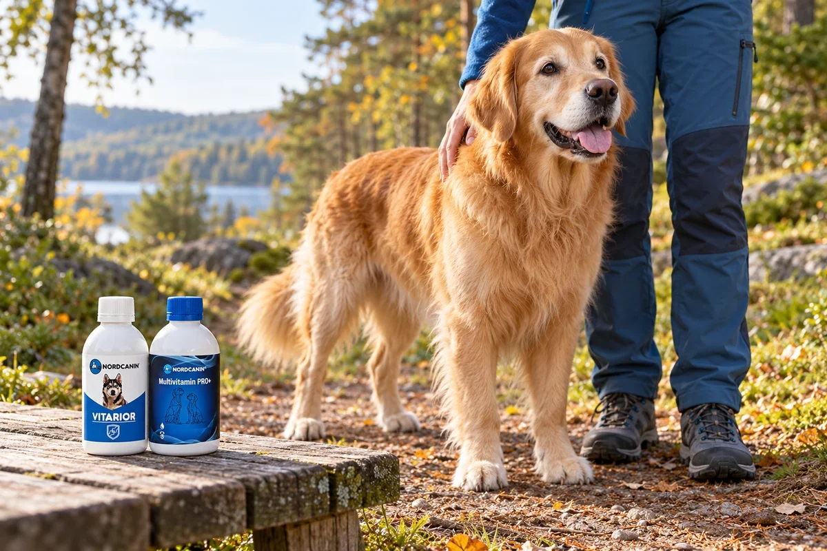 Idősödő golden retriever gazdájával és a Nordcanin Aktív Kutya Csomaggal egy erdei kiránduláson