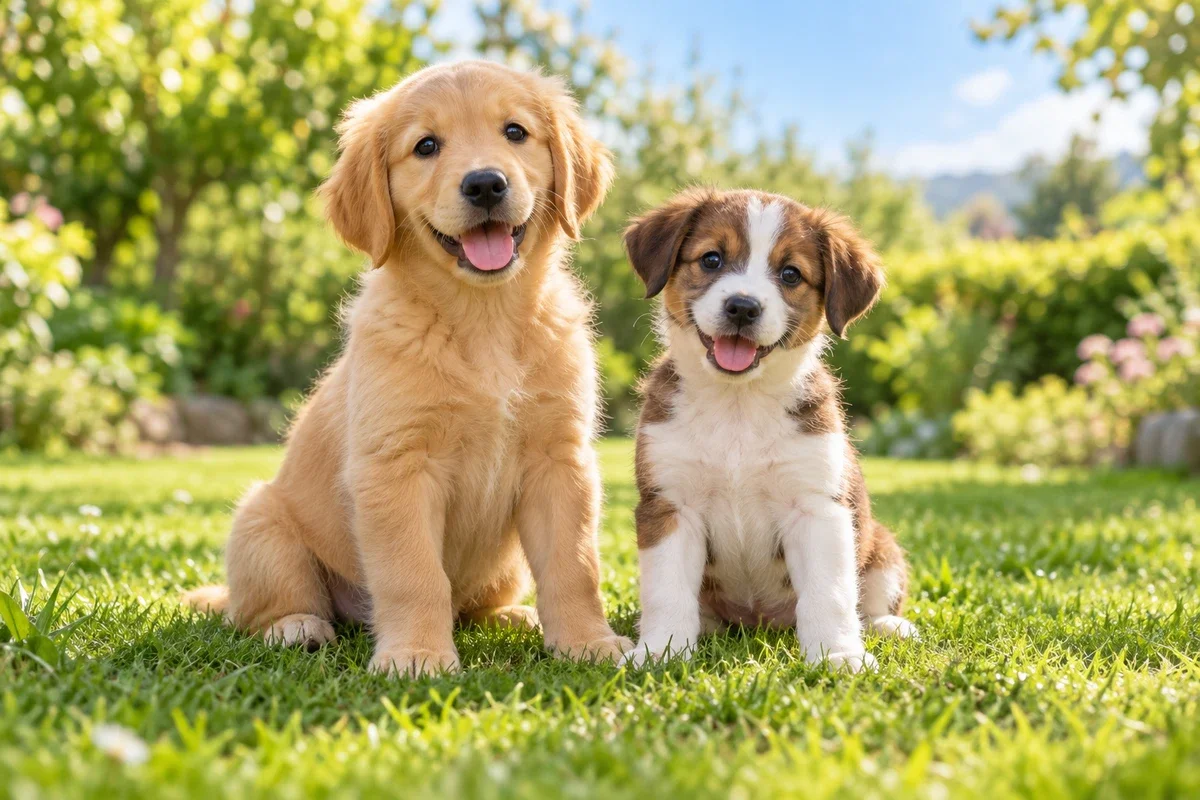 Golden retriever és kisebb keverék kölyökkutya a kertben